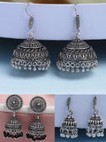 NVR Women's Set of 3 Traditional Silver Plated Oxidized Jhumka Earrings