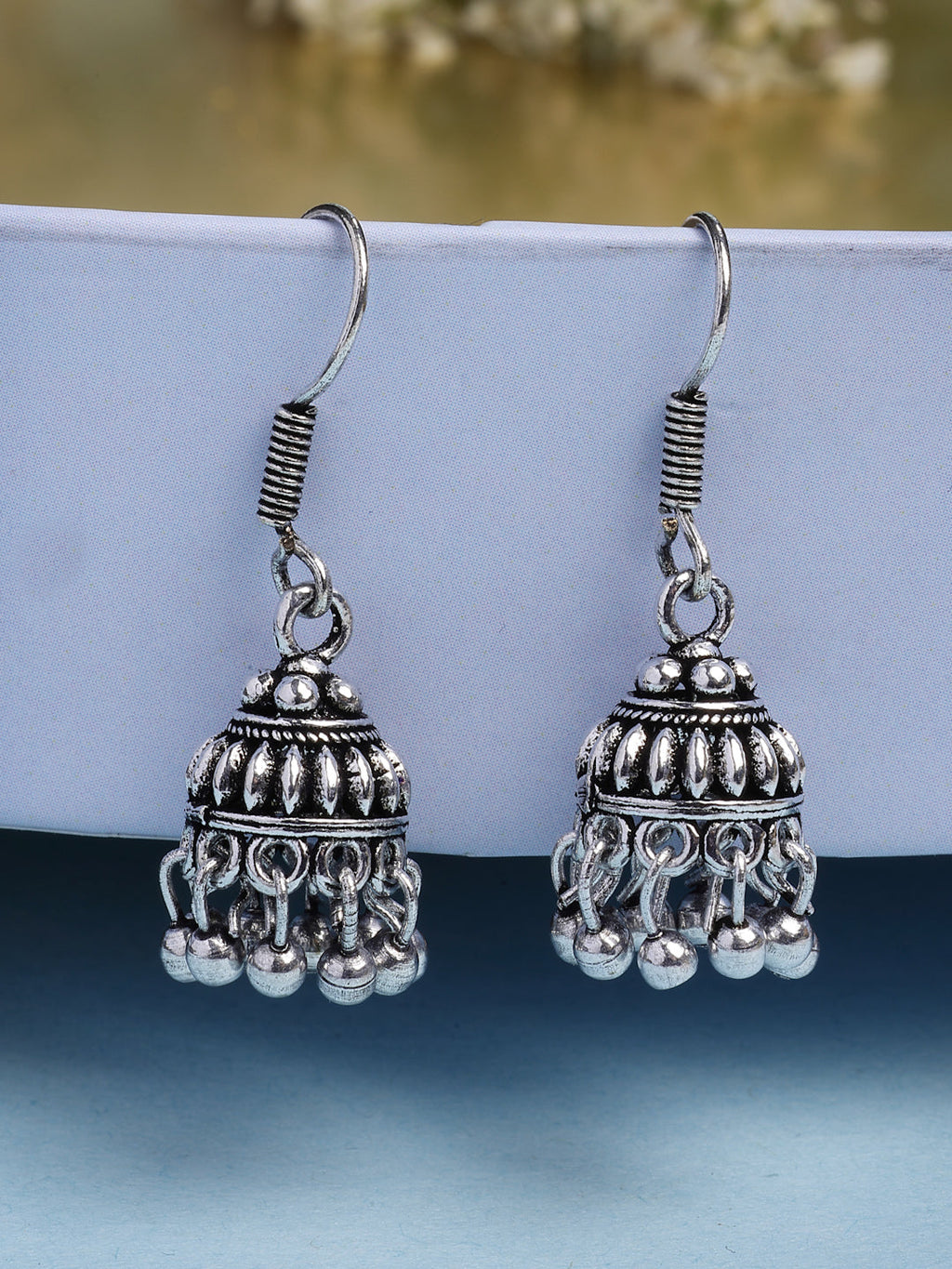 NVR Women's Set of 3 Traditional Silver Plated Oxidized Jhumka Earrings
