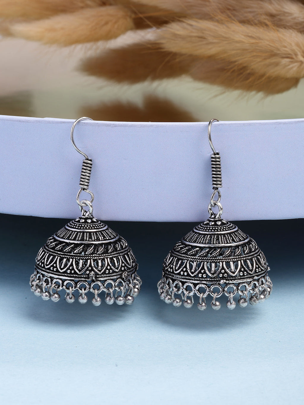 NVR Women's Set of 3 Traditional Silver Plated Oxidized Jhumka Earrings