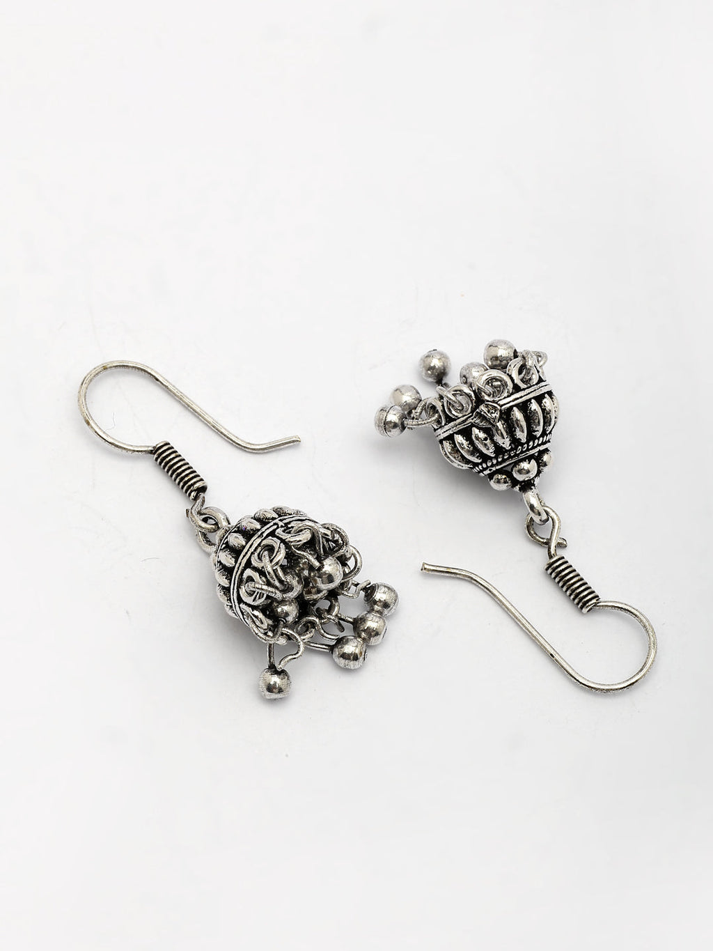 NVR Women's Set of 3 Traditional Silver Plated Oxidized Jhumka Earrings