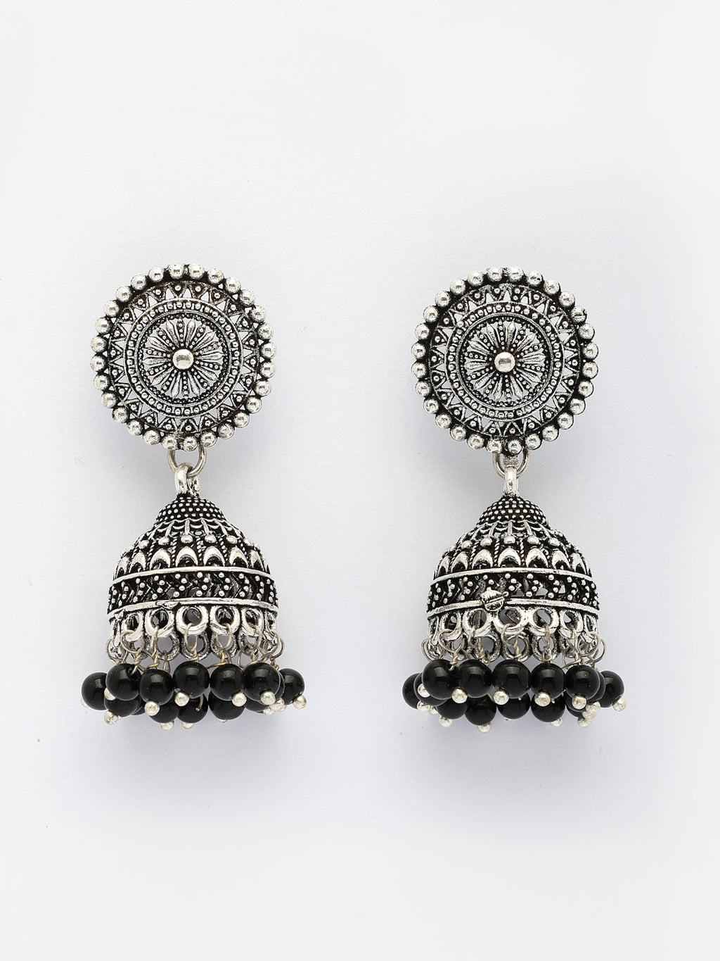 NVR Women's Set of 3 Traditional Silver Plated Oxidized Jhumka Earrings