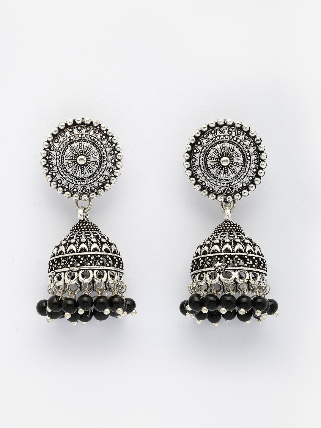 NVR Women's Set of 3 Traditional Silver Plated Oxidized Jhumka Earrings