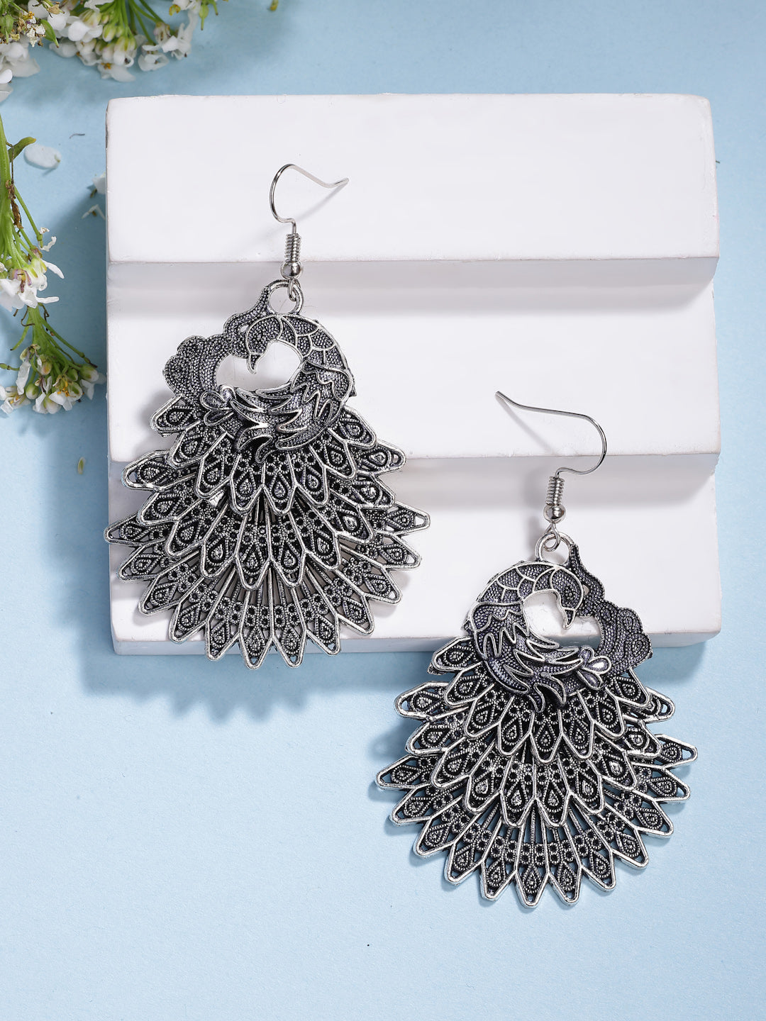 NVR Women's Set of 3 Silver Plated Oxidized Fashion Traditional Earrings