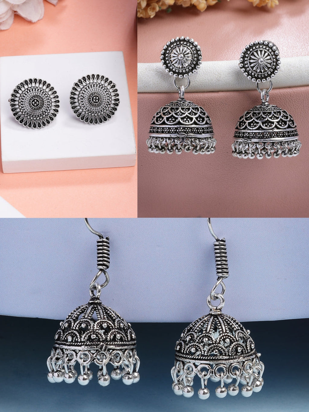 NVR Women Set of 3 Silver Plated Oxidized Traditional Jhumka & Stud Earrings