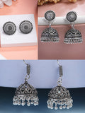 NVR Women Set of 3 Silver Plated Oxidized Traditional Jhumka & Stud Earrings