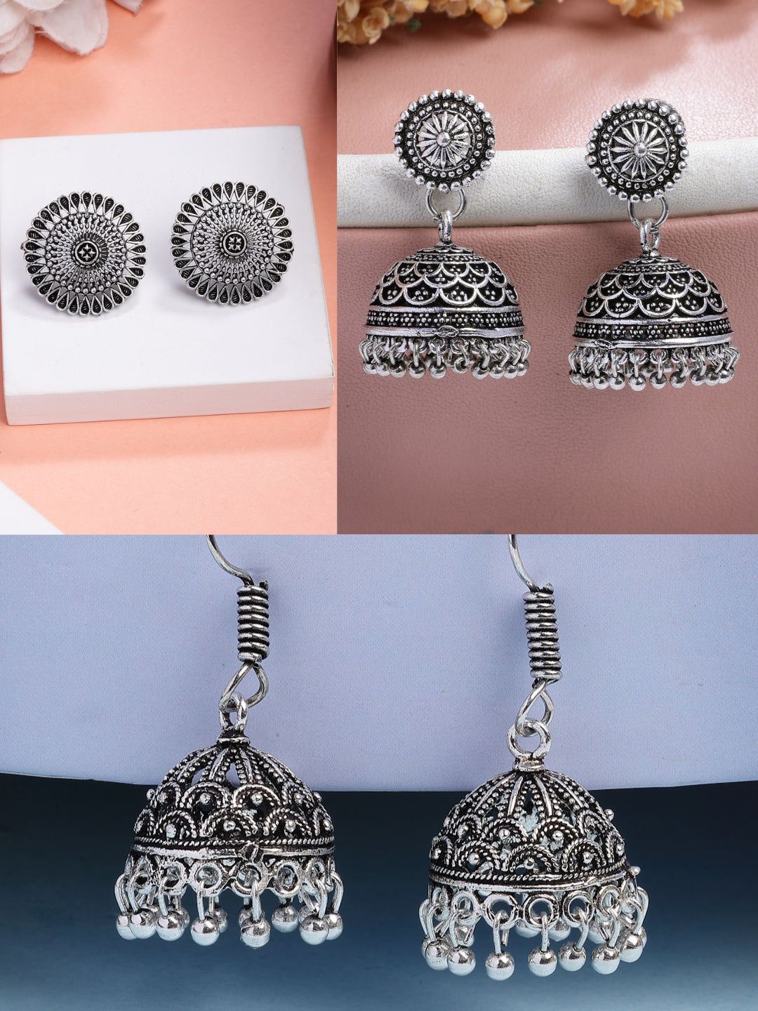 NVR Women Set of 3 Silver Plated Oxidized Traditional Jhumka & Stud Earrings