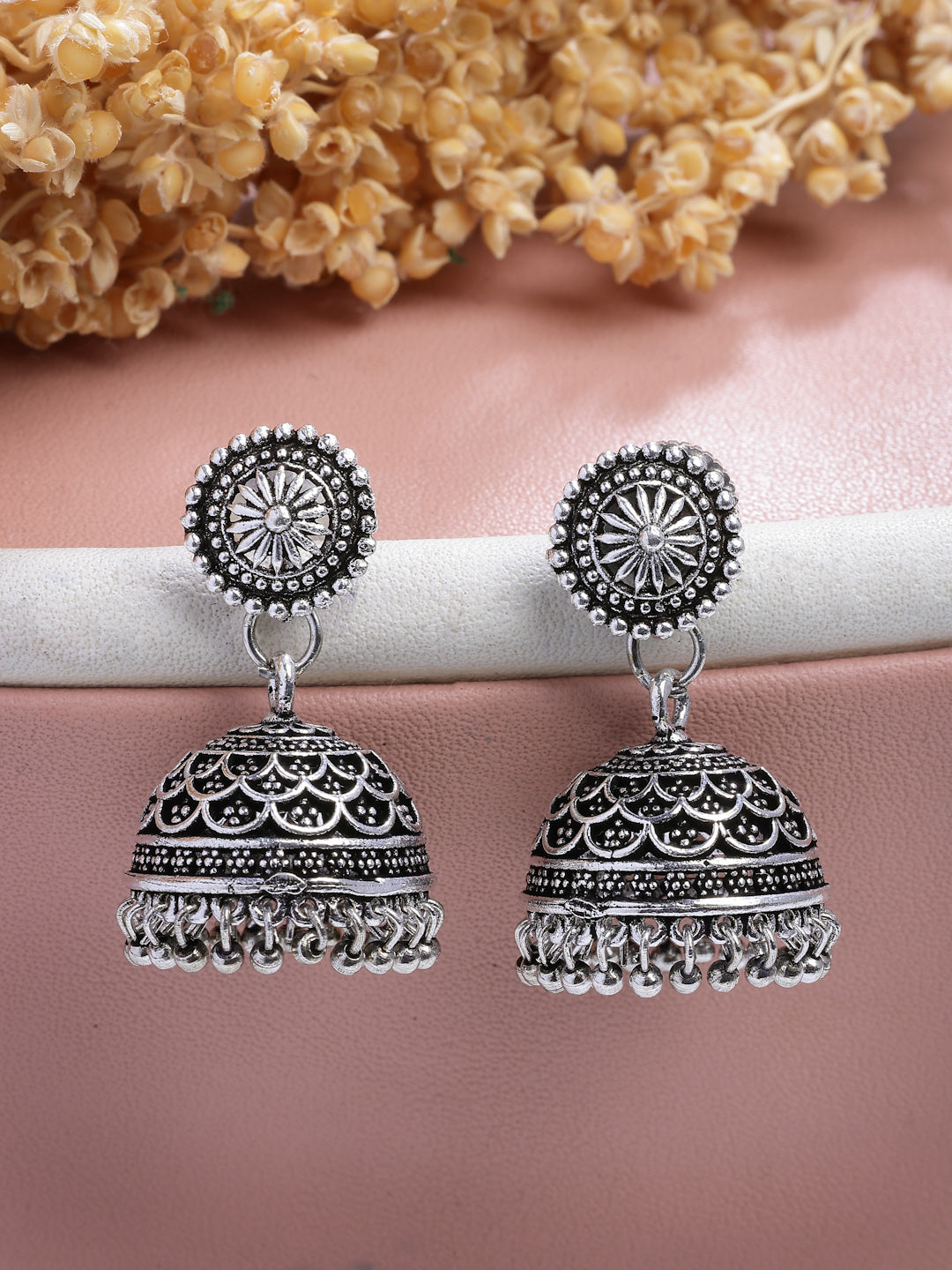 NVR Women Set of 3 Silver Plated Oxidized Traditional Jhumka & Stud Earrings