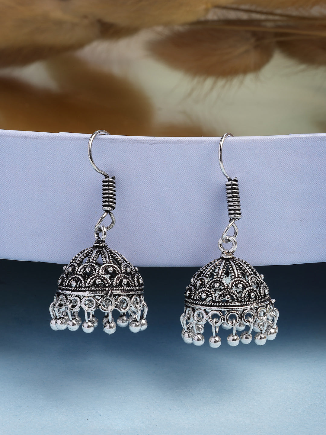 NVR Women Set of 3 Silver Plated Oxidized Traditional Jhumka & Stud Earrings