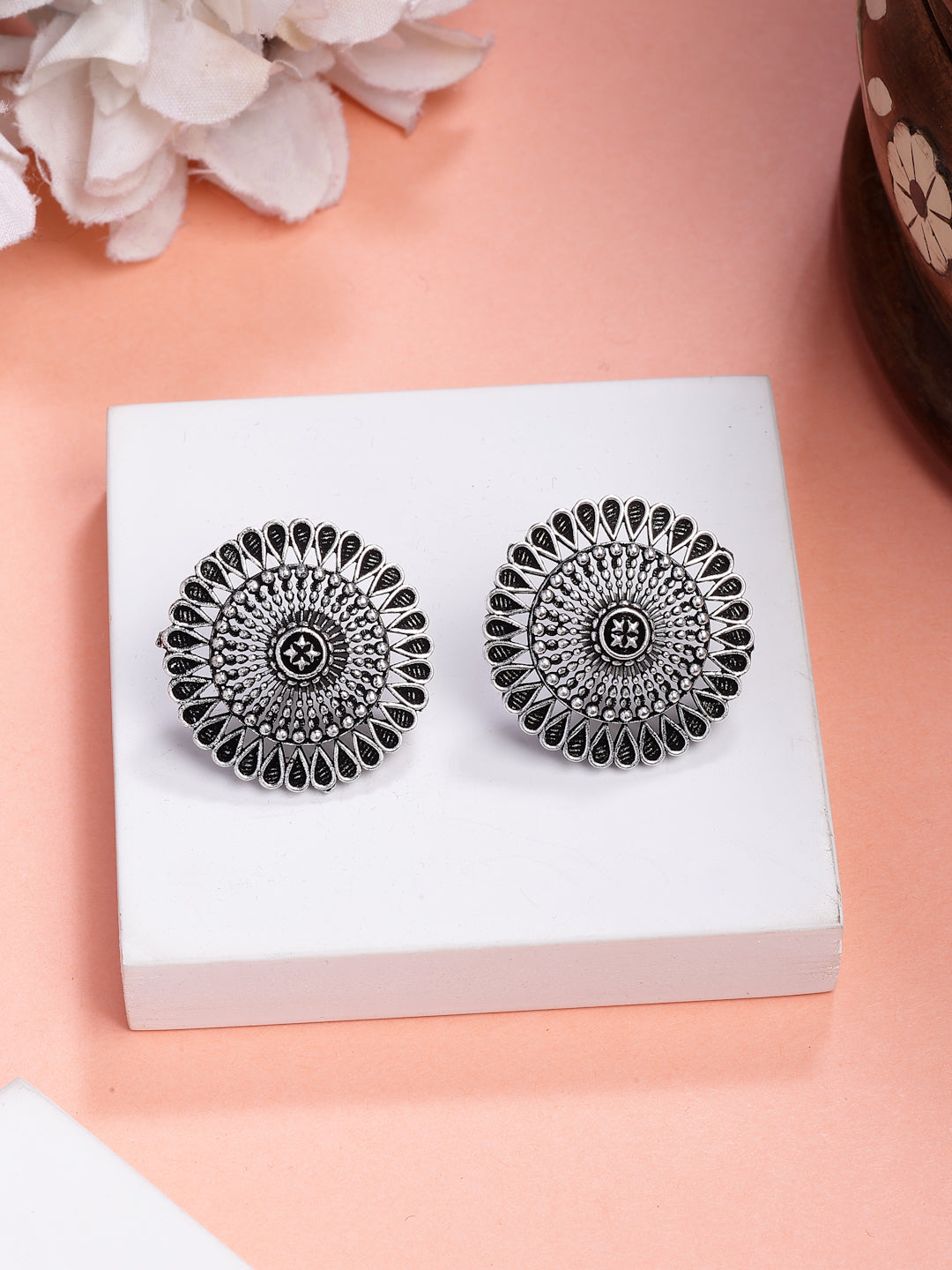 NVR Women Set of 3 Silver Plated Oxidized Traditional Jhumka & Stud Earrings