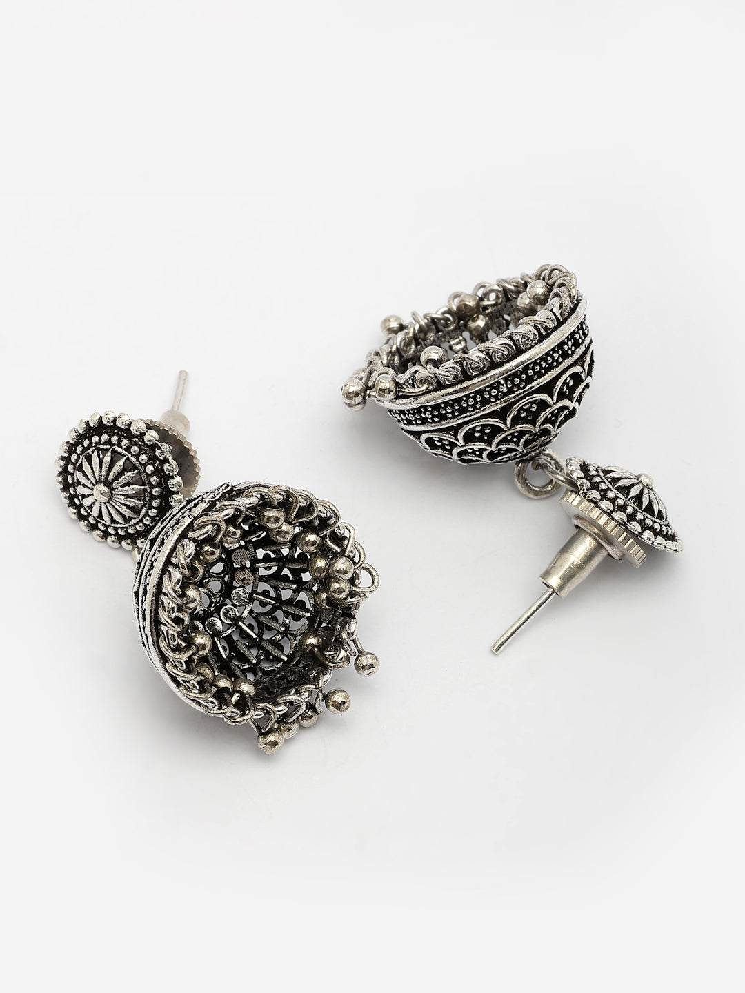 NVR Women Set of 3 Silver Plated Oxidized Traditional Jhumka & Stud Earrings