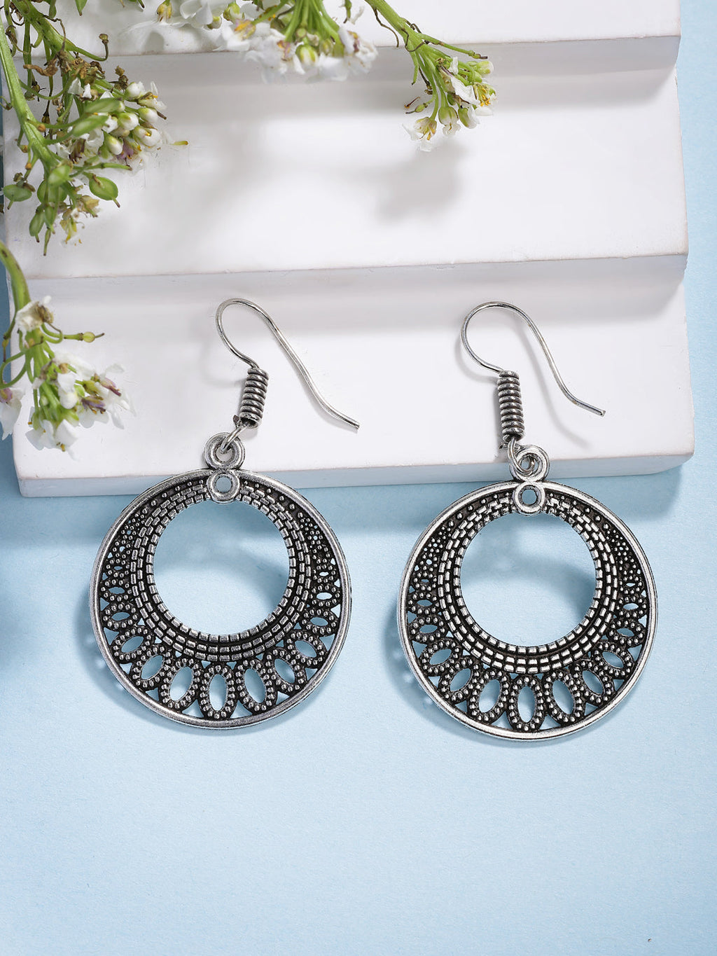 NVR Women Ethnic Set of 3 Oxidized Silver-Plated Jhumka & Chandbali Earrings