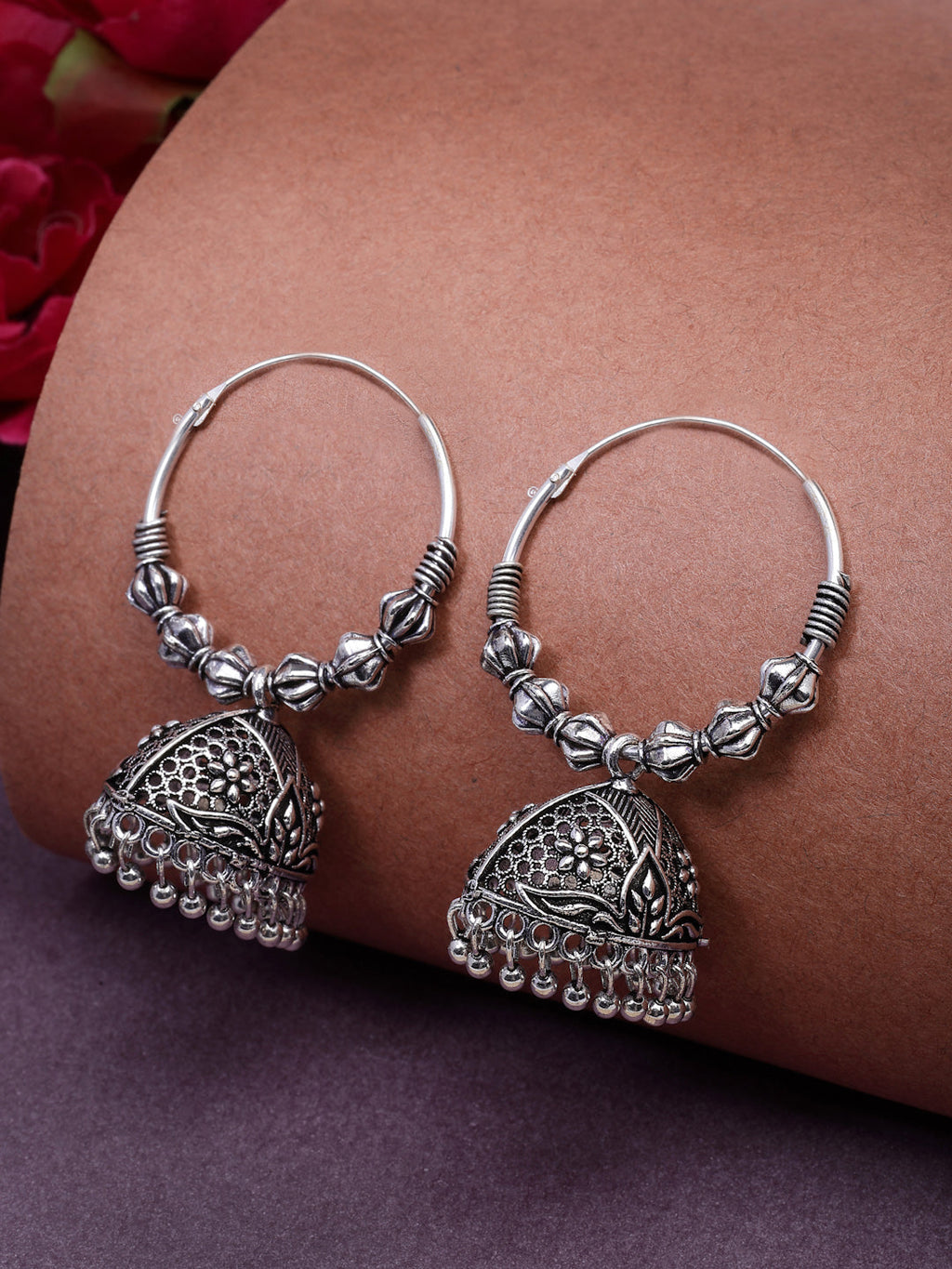 NVR Women's Set of 3 Silver Plated Oxidized Contemporary Jhumka Earrings