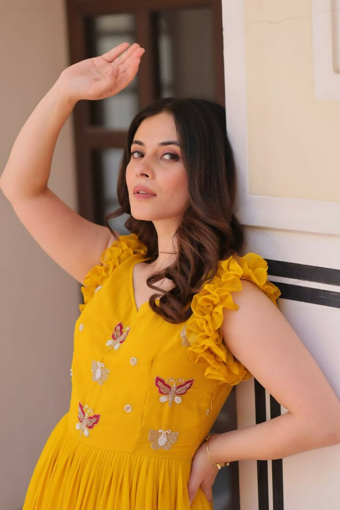 Vastranavya Yellow Faux Blooming With Sequins Multithreaded Beads Embroidered work Gown