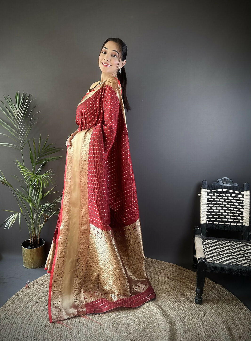 Joban Fashion Brick Red Small Butti Banarasi Silk Sarees