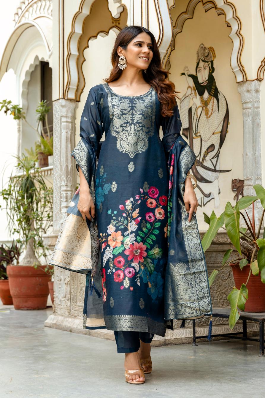 The52 Women Gorgeous Chanderi Cotton Fabric Straight Kurta, Pant and Dupatta Set