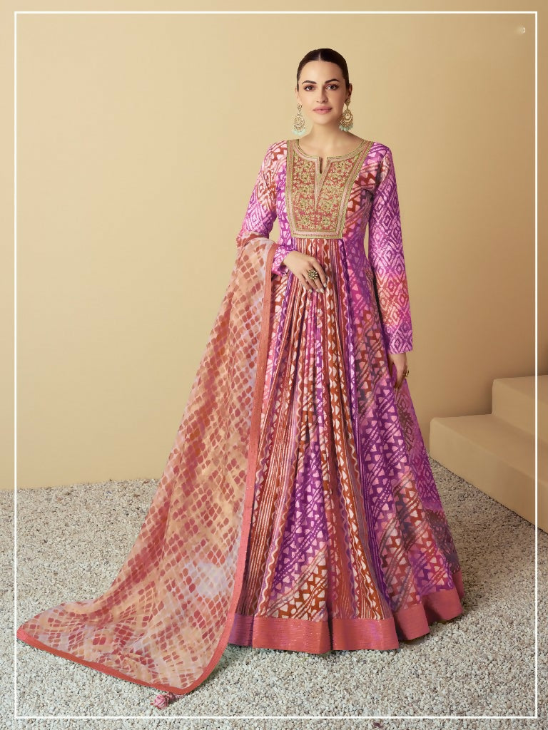 Vastranavya Lavender Muslin Printed Sequins Beads Work Abaya Style Anarkali Suit