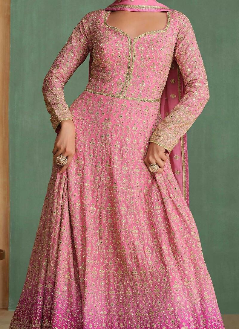 Vastranavya Peach Georgette Seroski Diamond Embroidered Sequins A Line Stunning Anarkali Suit