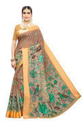 Vamika Orange and Green Linen Digital Print with Satin Border Floral Saree