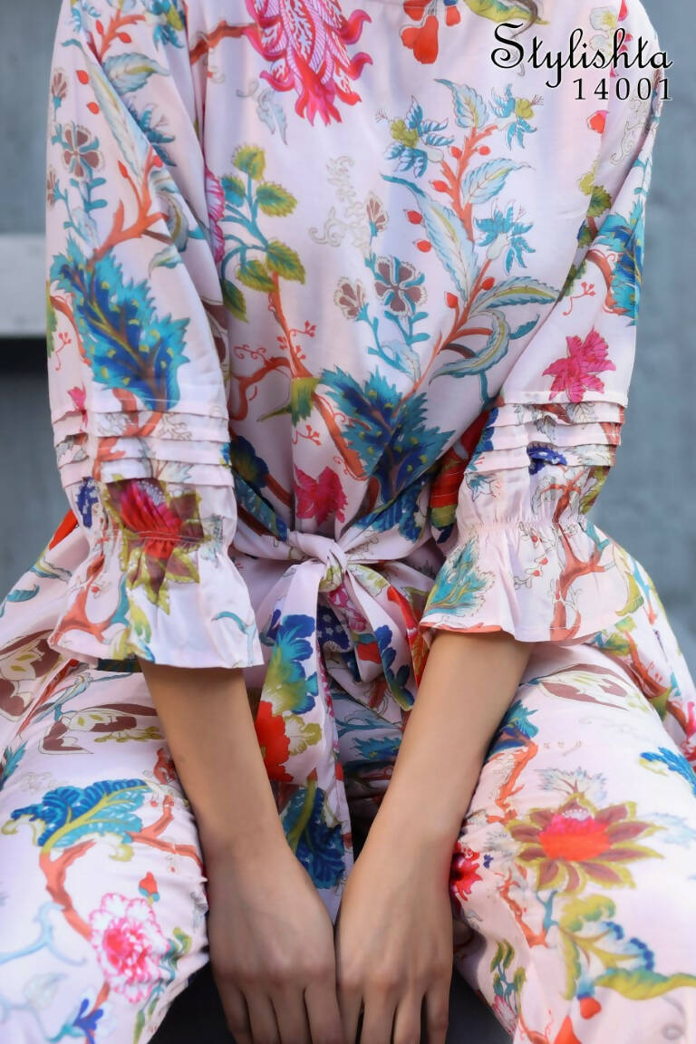 Women's Partywear Designer White & Multi Muslin co-ord set - Stylishta