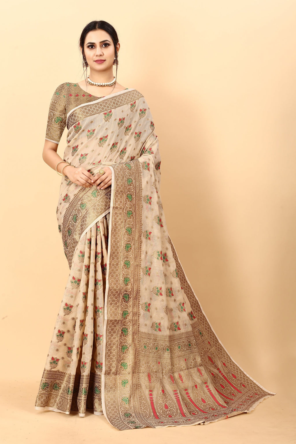 Vedant Vastram Soft Cotton Silk Kanjeevaram Saree - Beige