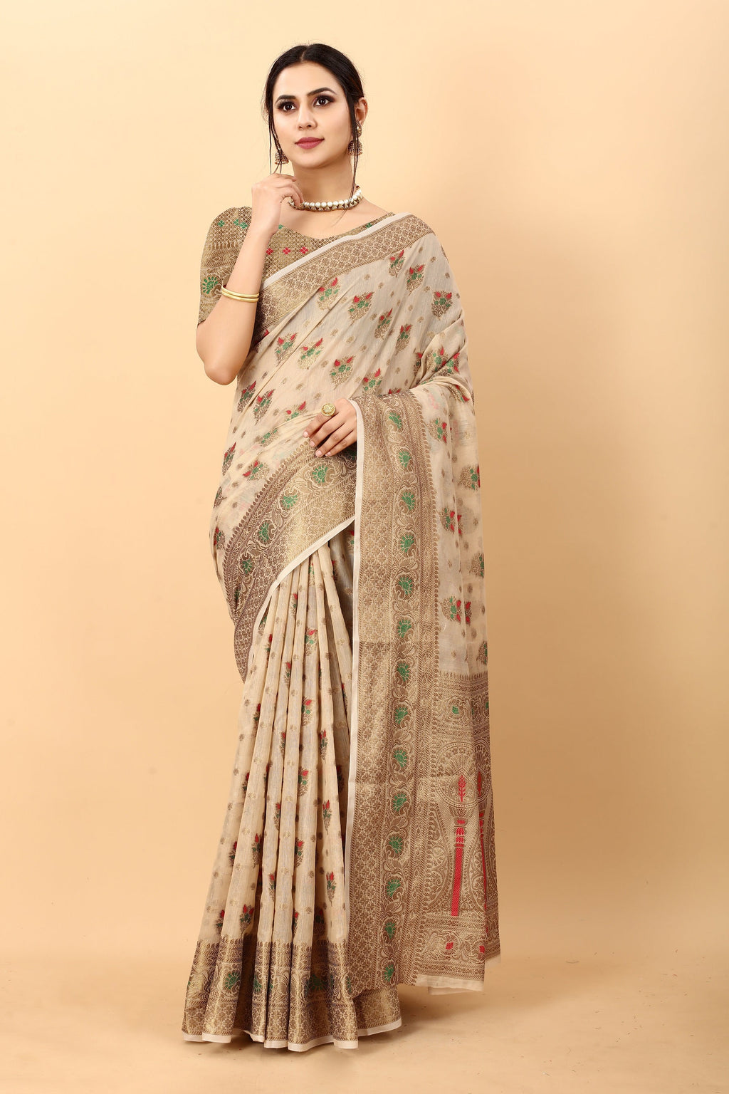 Vedant Vastram Soft Cotton Silk Kanjeevaram Saree - Beige