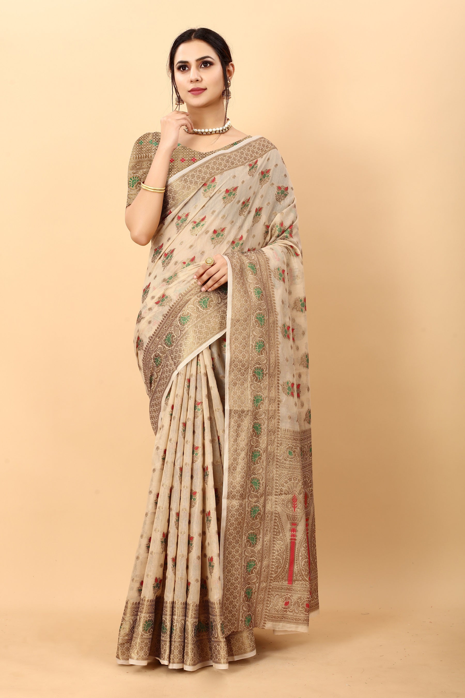 Vedant Vastram Soft Cotton Silk Kanjeevaram Saree - Beige