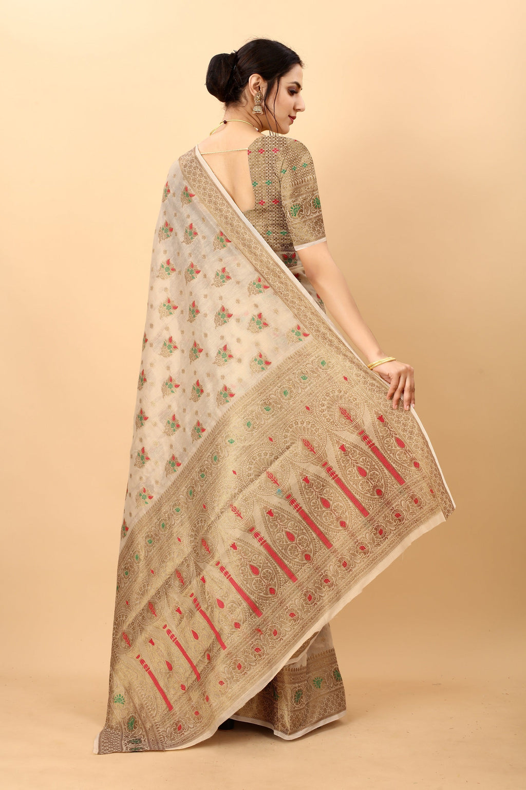 Vedant Vastram Soft Cotton Silk Kanjeevaram Saree - Beige