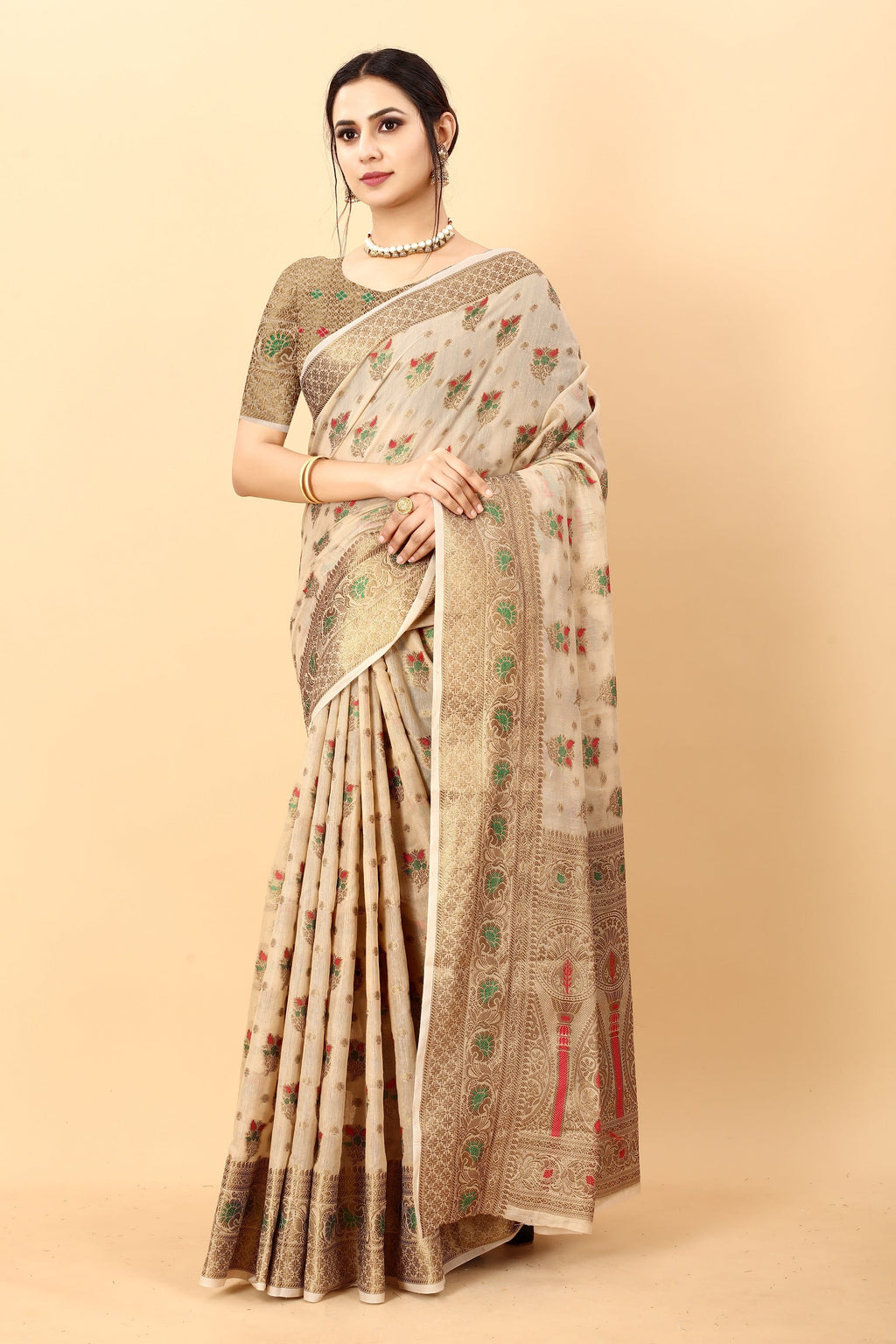 Vedant Vastram Soft Cotton Silk Kanjeevaram Saree - Beige