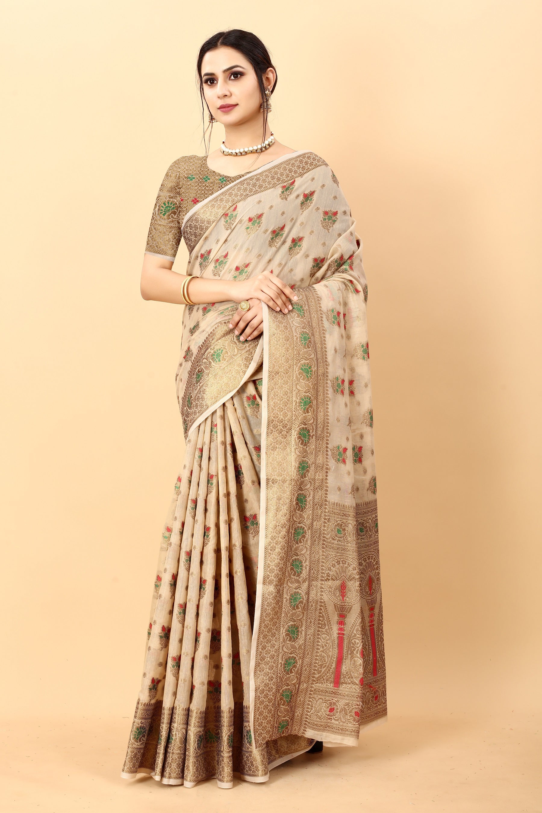 Vedant Vastram Soft Cotton Silk Kanjeevaram Saree - Beige