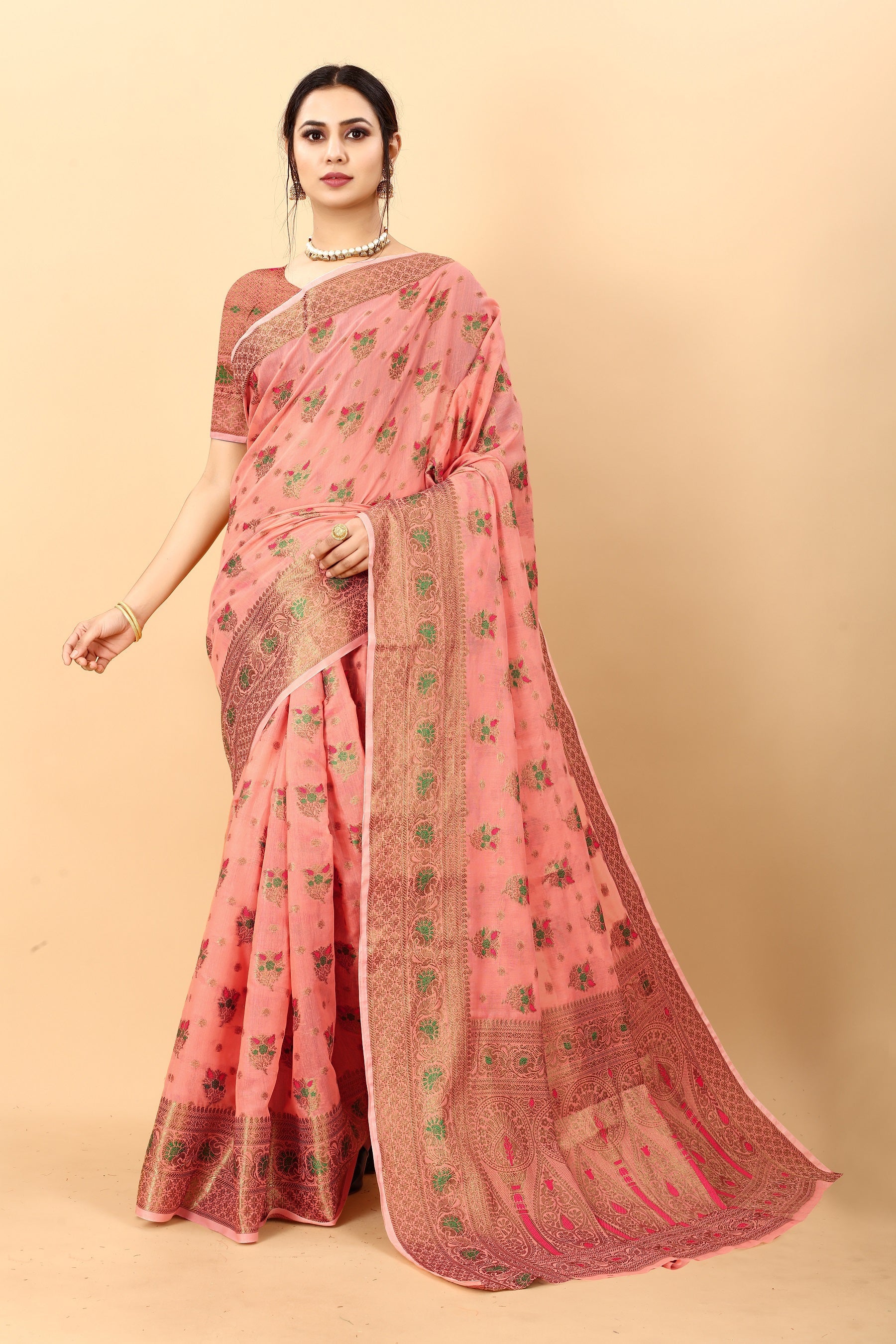 Vedant Vastram Soft Cotton Silk Kanjeevaram Saree - Peach
