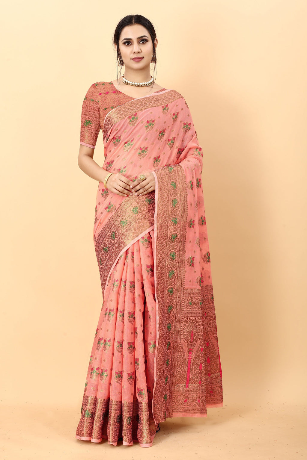 Vedant Vastram Soft Cotton Silk Kanjeevaram Saree - Peach