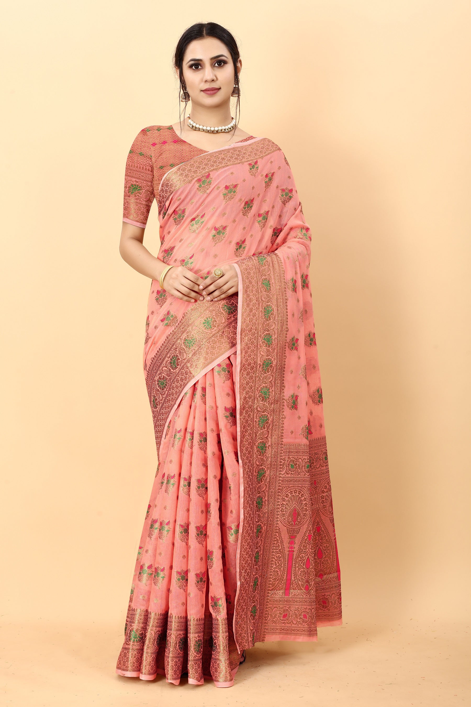 Vedant Vastram Soft Cotton Silk Kanjeevaram Saree - Peach