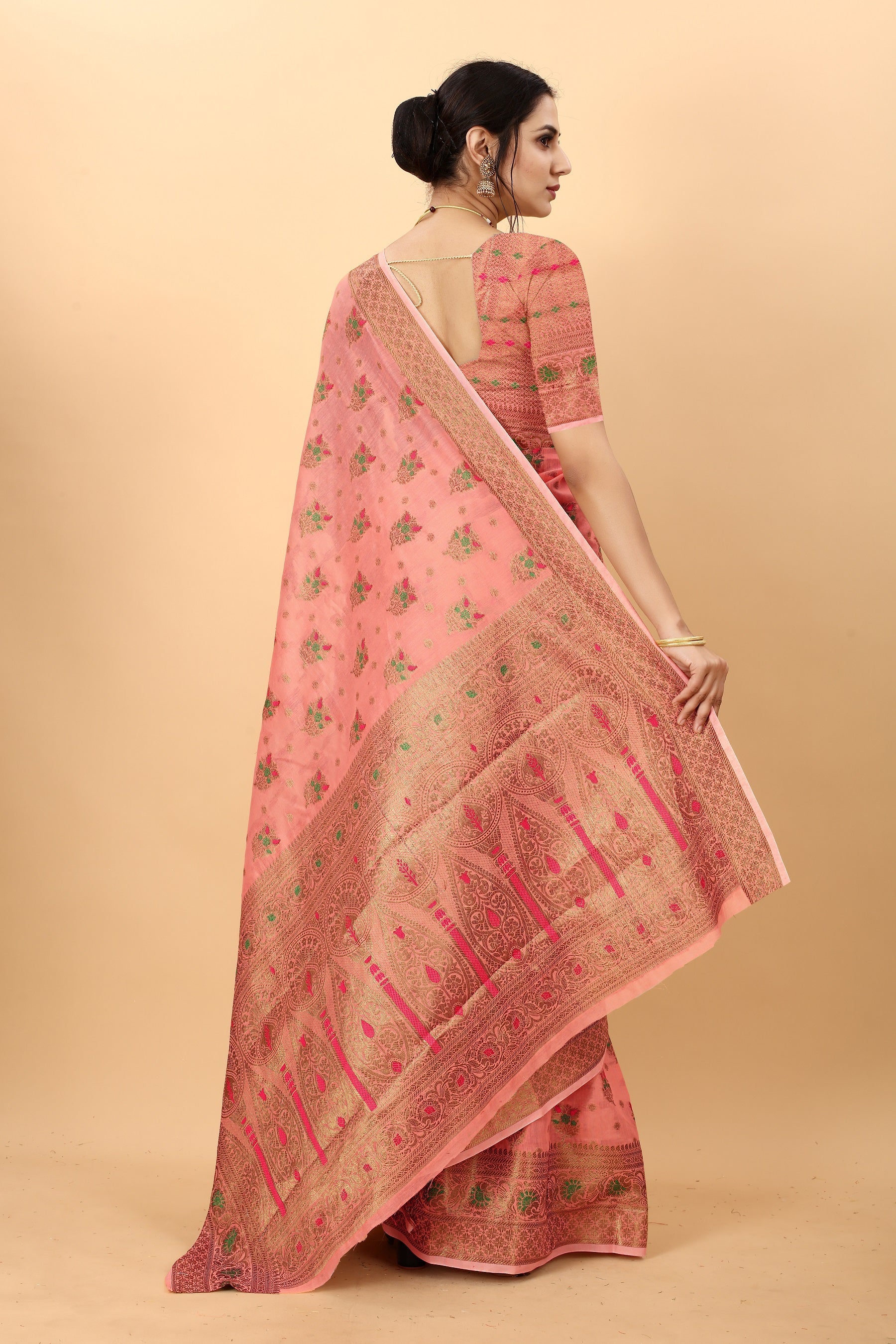 Vedant Vastram Soft Cotton Silk Kanjeevaram Saree - Peach