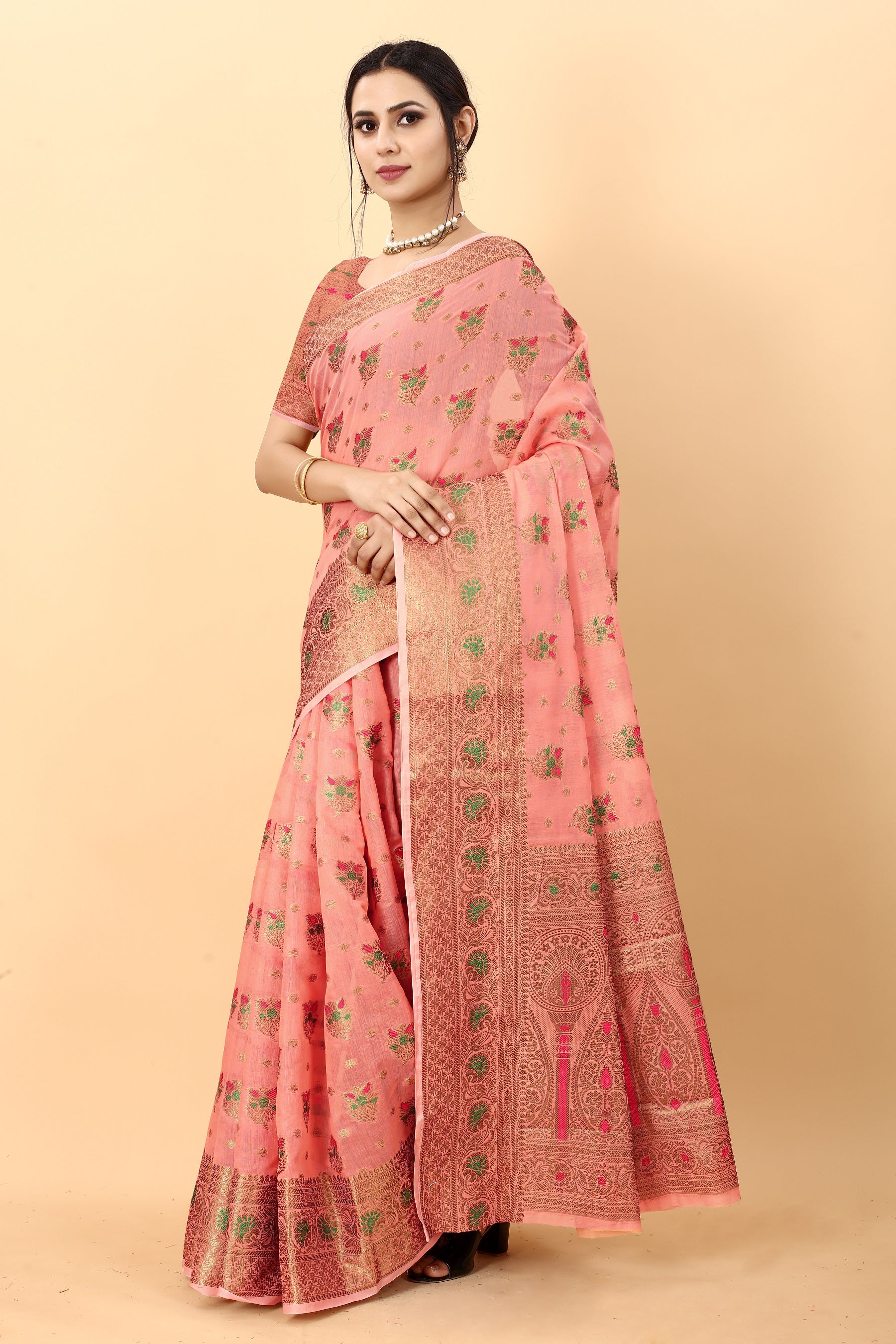 Vedant Vastram Soft Cotton Silk Kanjeevaram Saree - Peach
