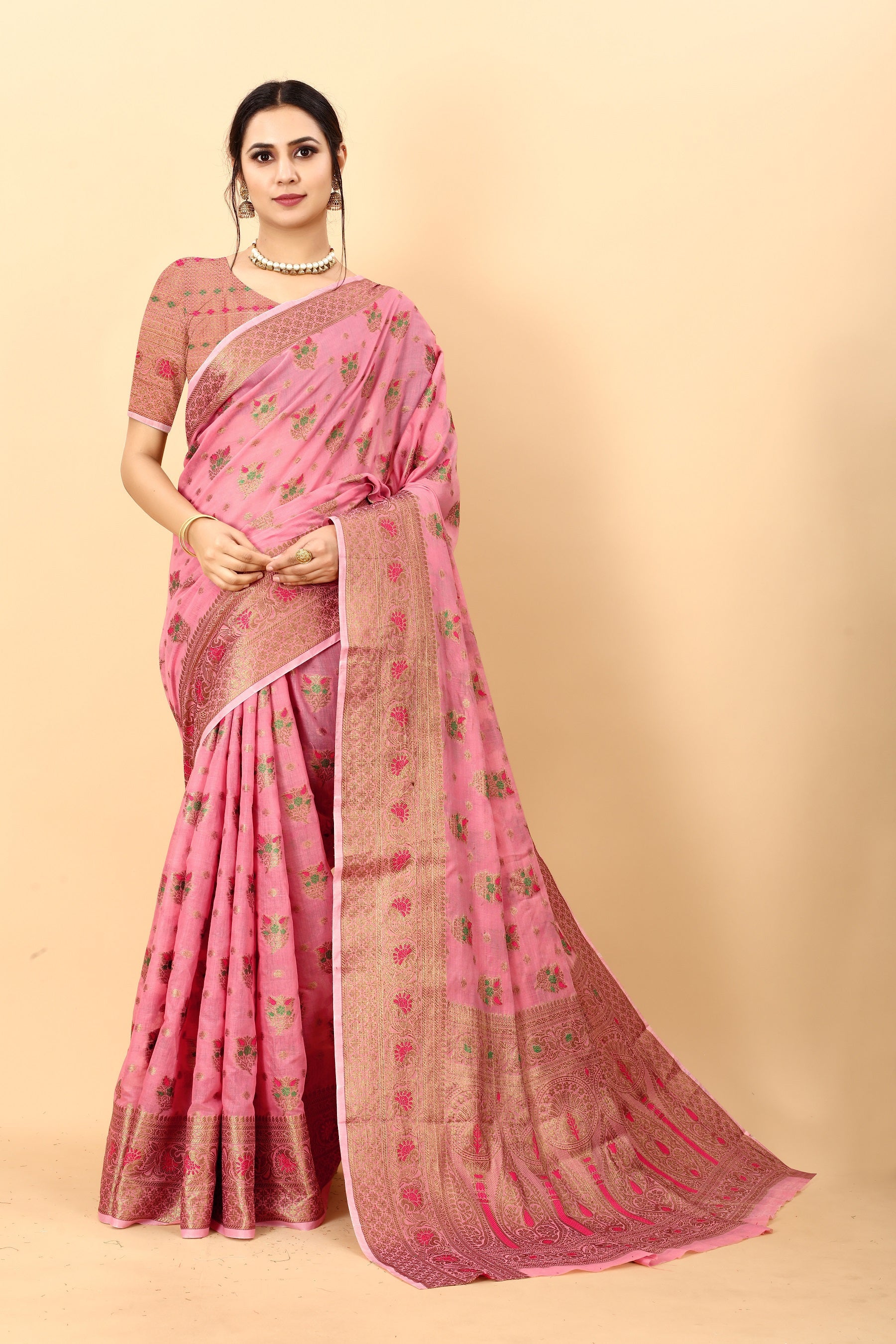 Vedant Vastram Soft Cotton Silk Kanjeevaram Saree - Pink