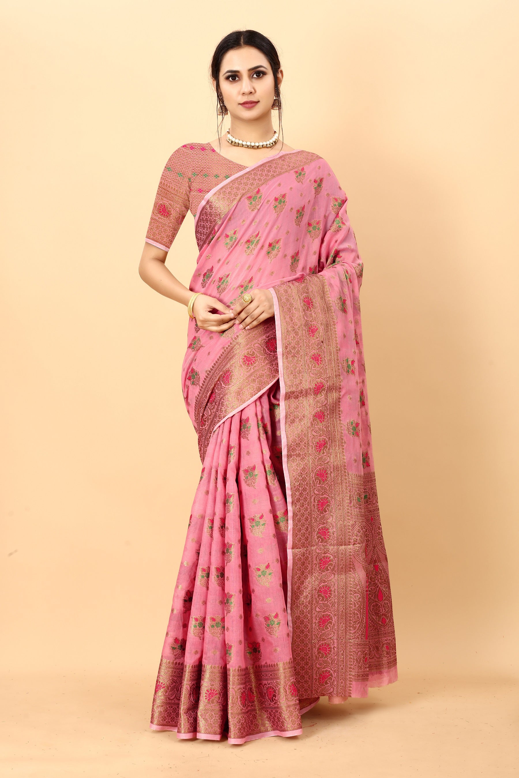 Vedant Vastram Soft Cotton Silk Kanjeevaram Saree - Pink