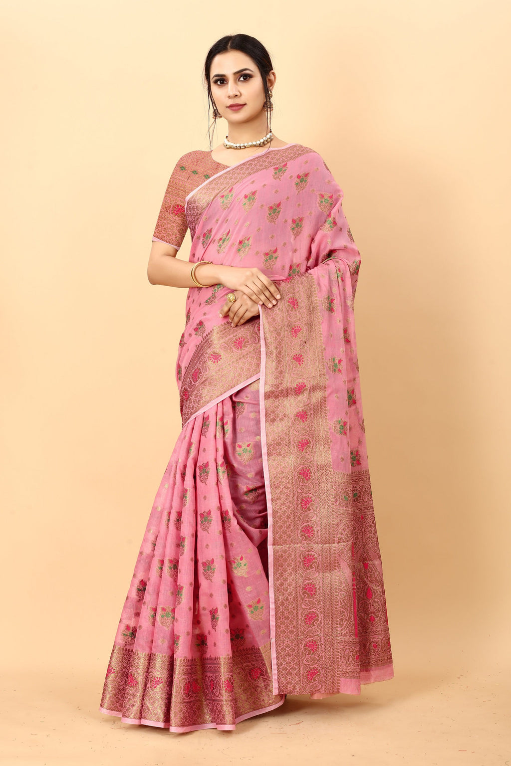 Vedant Vastram Soft Cotton Silk Kanjeevaram Saree - Pink
