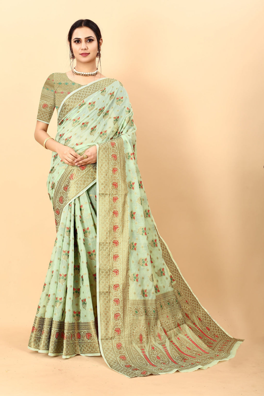 Vedant Vastram Soft Cotton Silk Kanjeevaram Saree - Pista