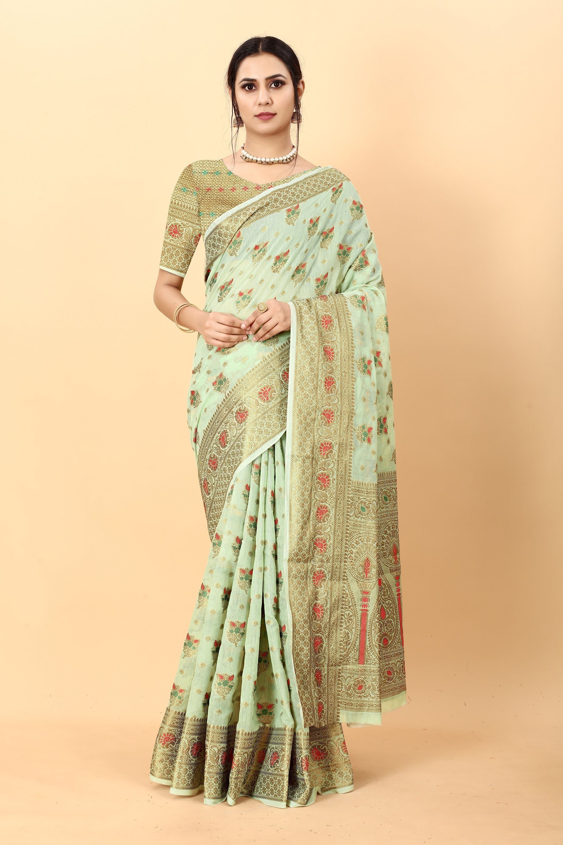 Vedant Vastram Soft Cotton Silk Kanjeevaram Saree - Pista