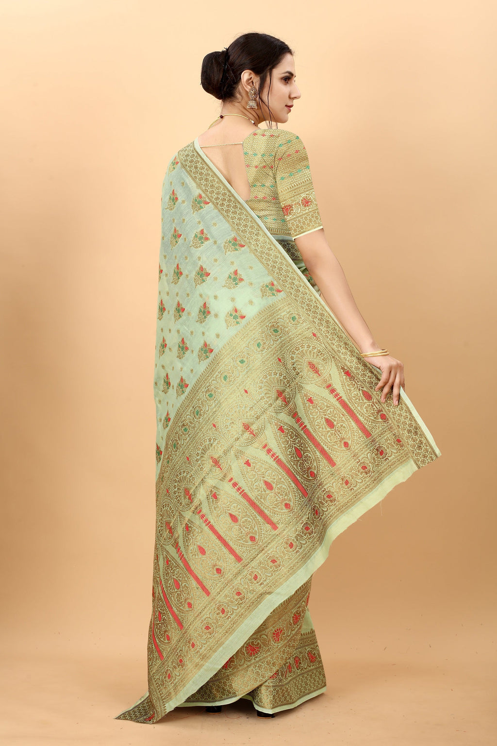 Vedant Vastram Soft Cotton Silk Kanjeevaram Saree - Pista