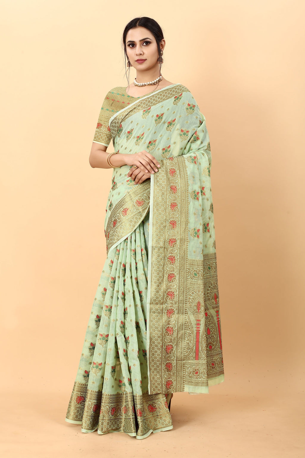 Vedant Vastram Soft Cotton Silk Kanjeevaram Saree - Pista