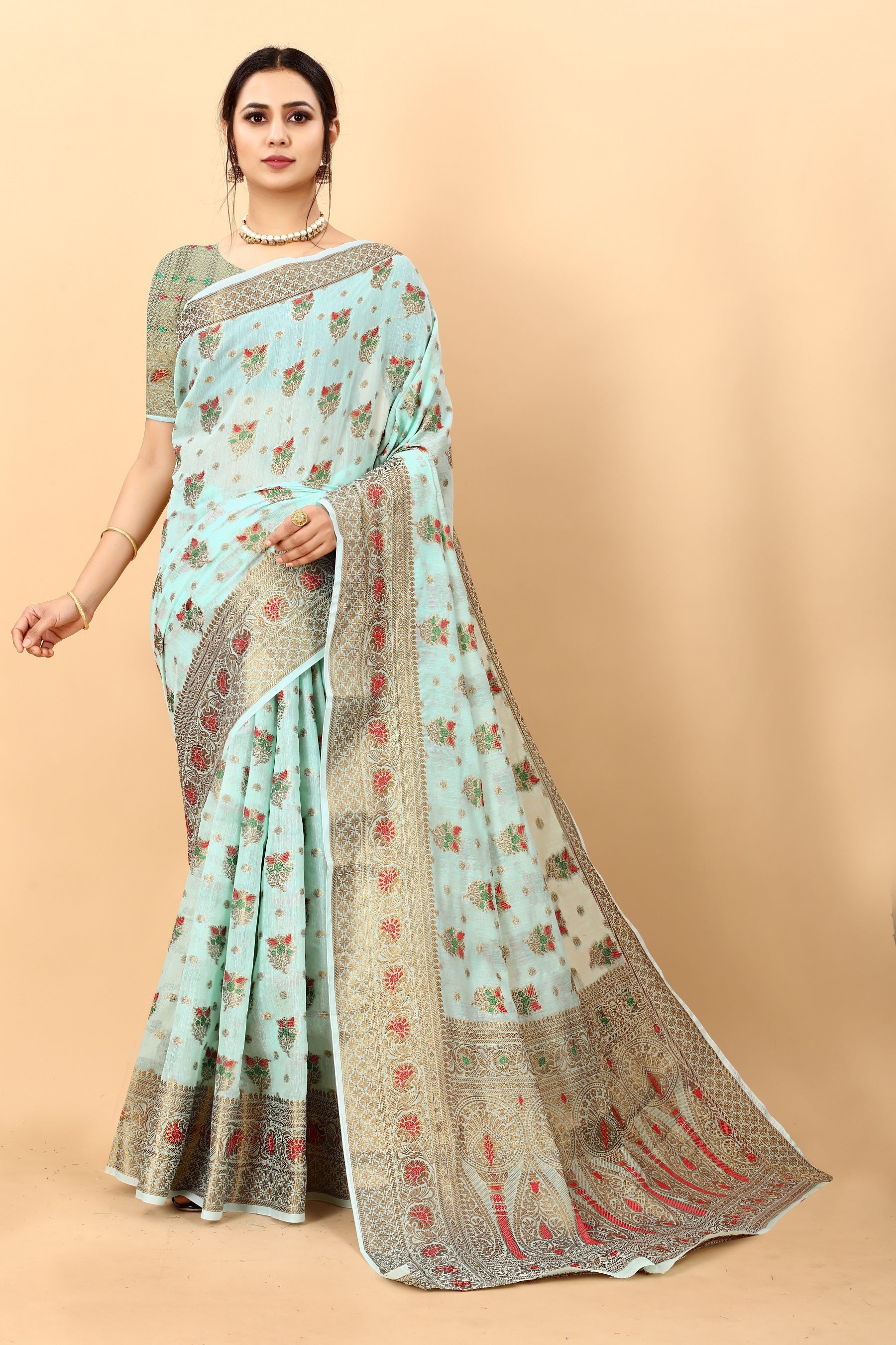 Vedant Vastram Soft Cotton Silk Kanjeevaram Saree - Turquoise