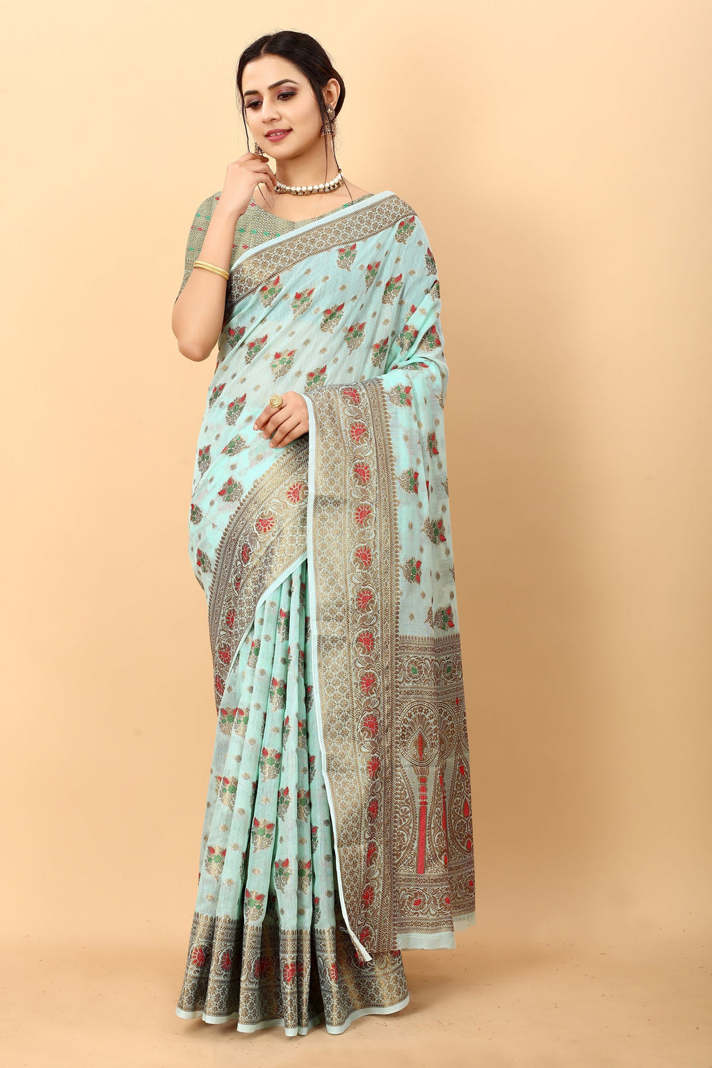 Vedant Vastram Soft Cotton Silk Kanjeevaram Saree - Turquoise