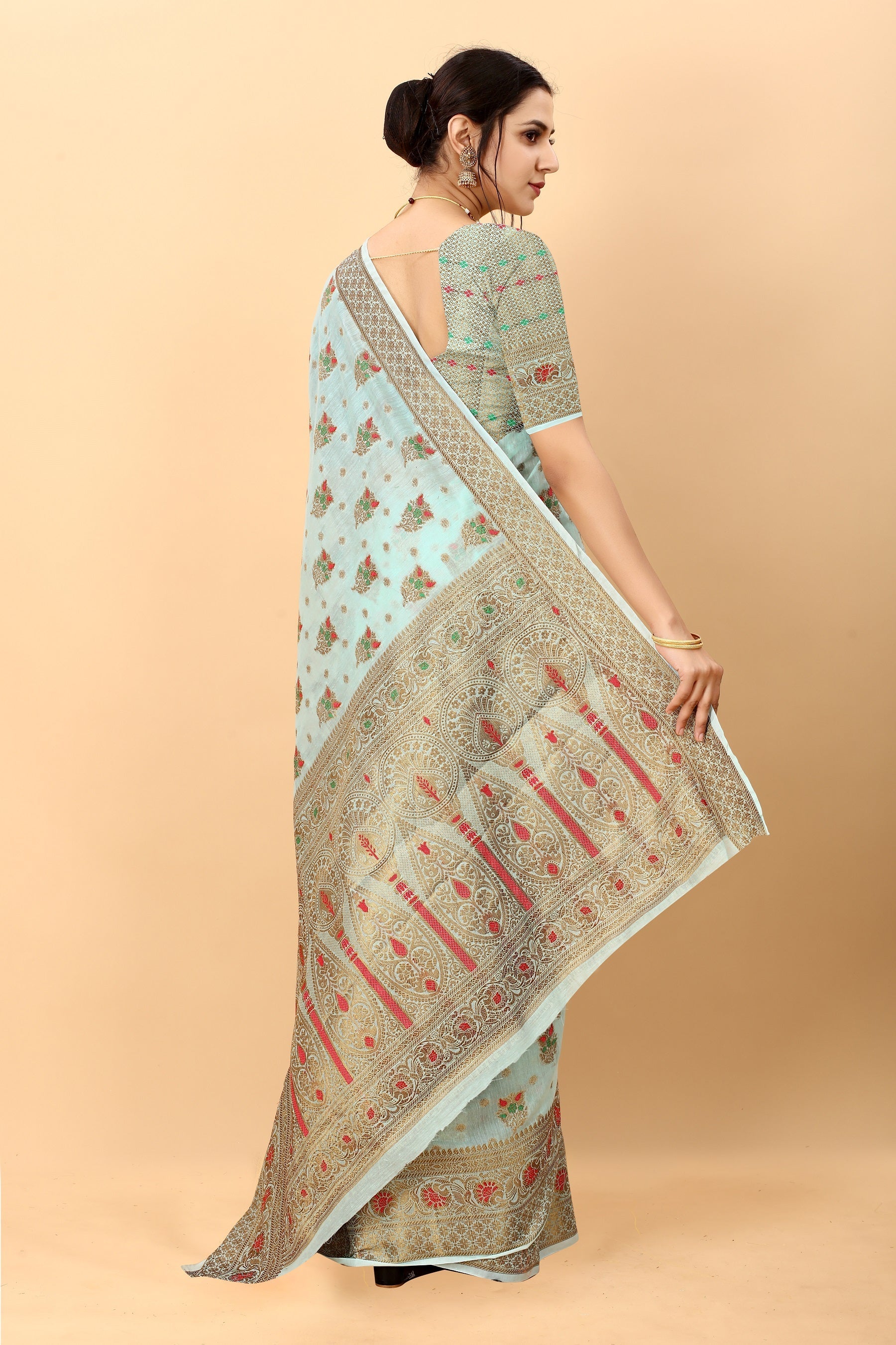 Vedant Vastram Soft Cotton Silk Kanjeevaram Saree - Turquoise