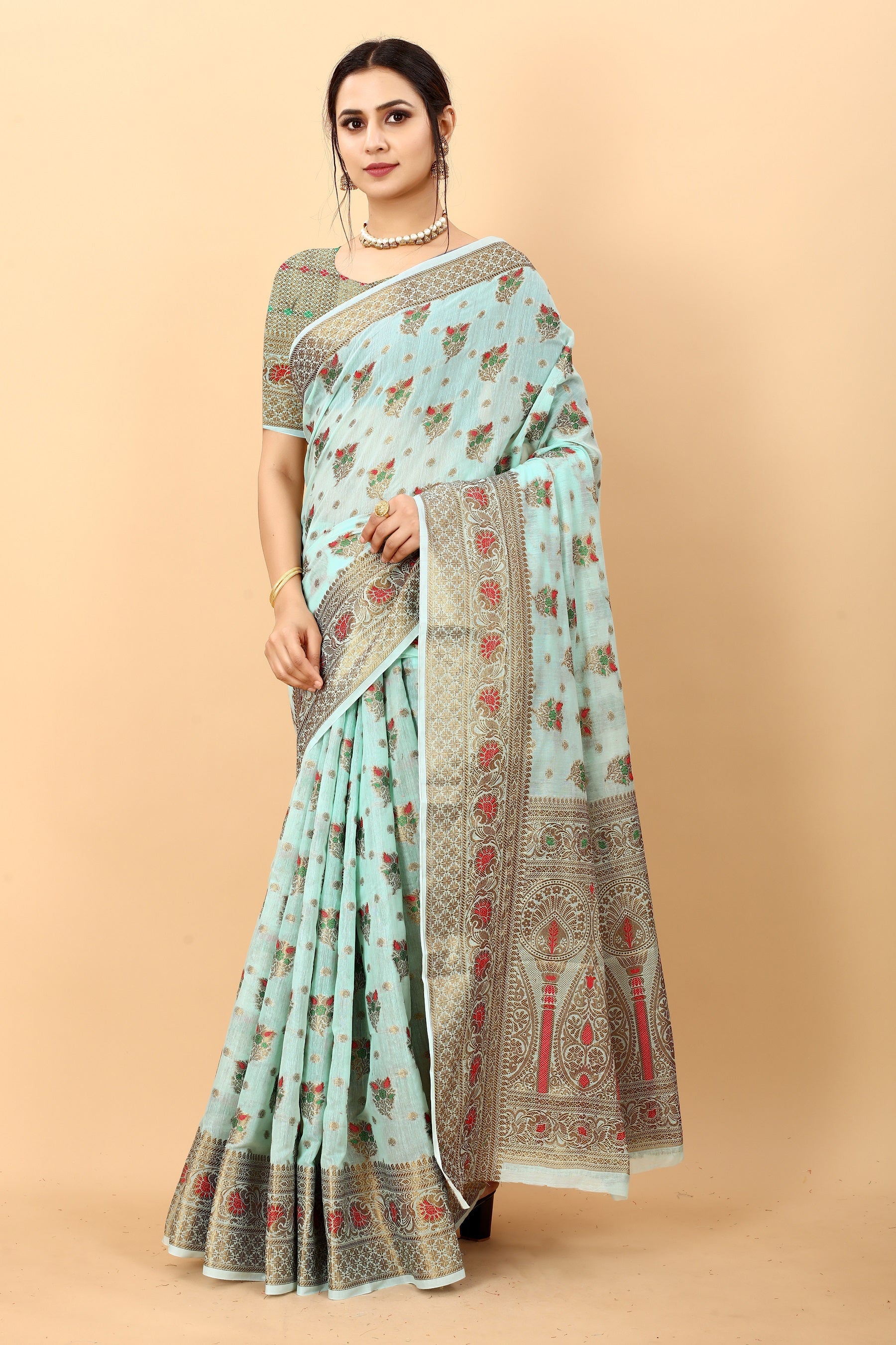 Vedant Vastram Soft Cotton Silk Kanjeevaram Saree - Turquoise