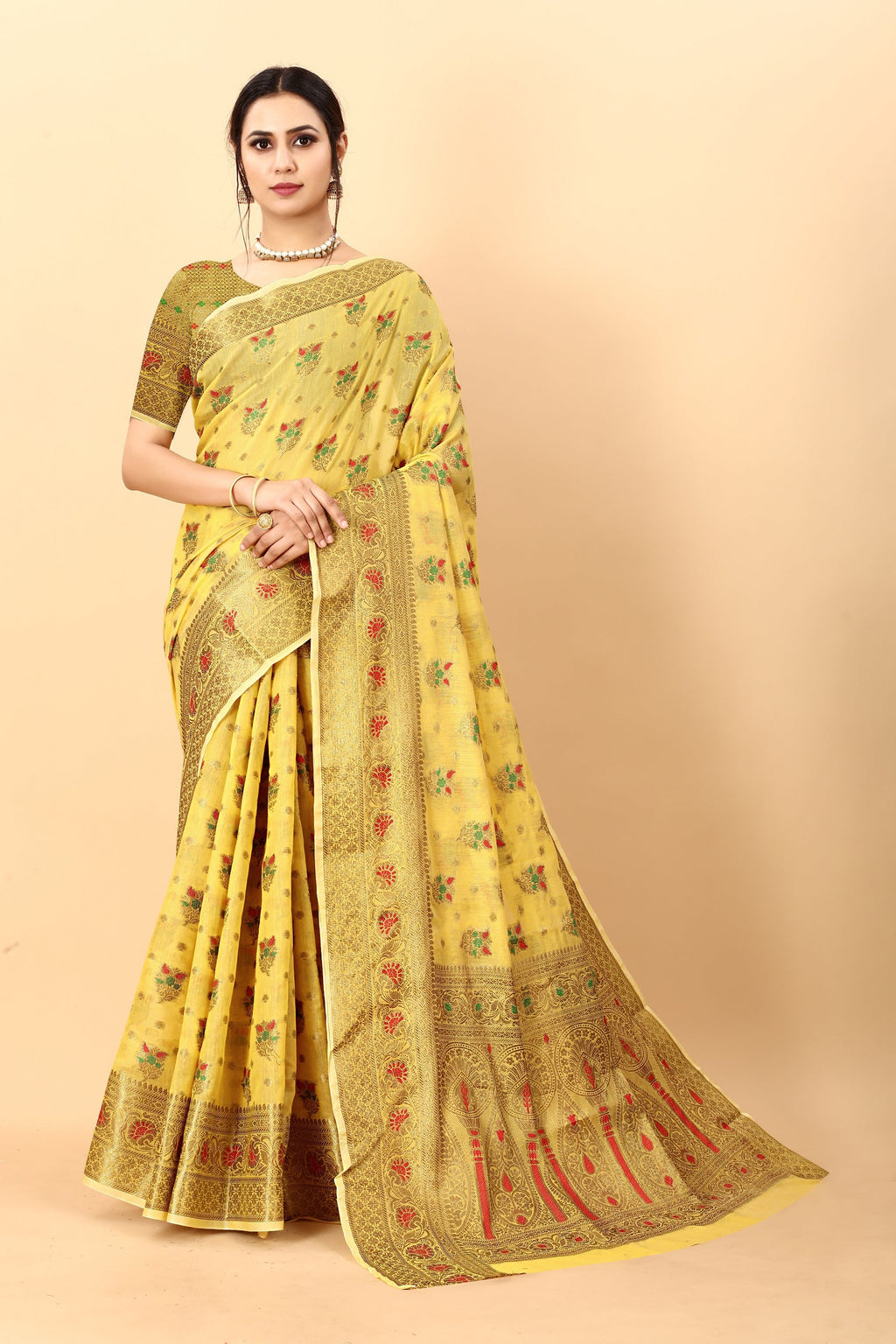 Vedant Vastram Soft Cotton Silk Kanjeevaram Saree - Yellow