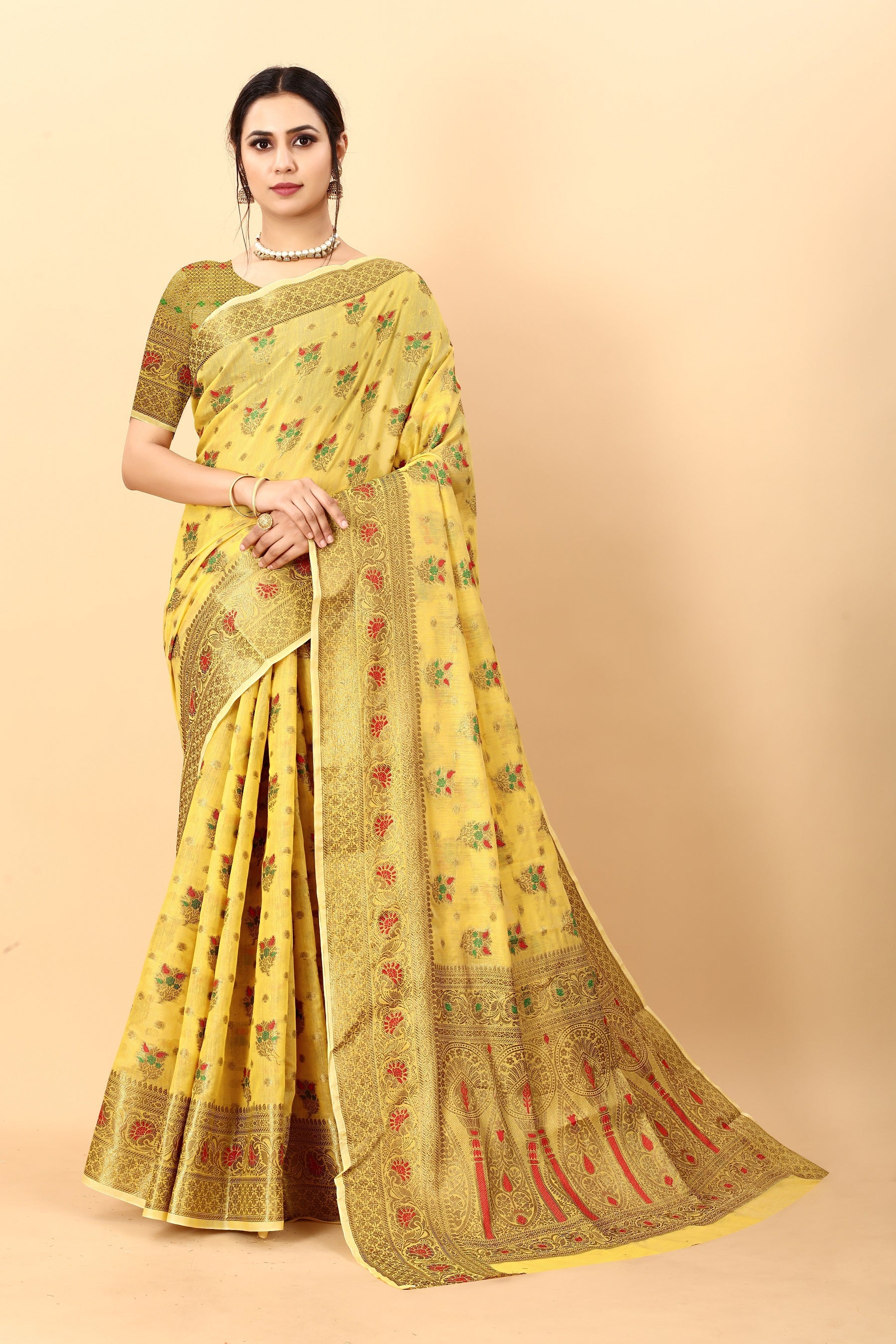 Vedant Vastram Soft Cotton Silk Kanjeevaram Saree - Yellow