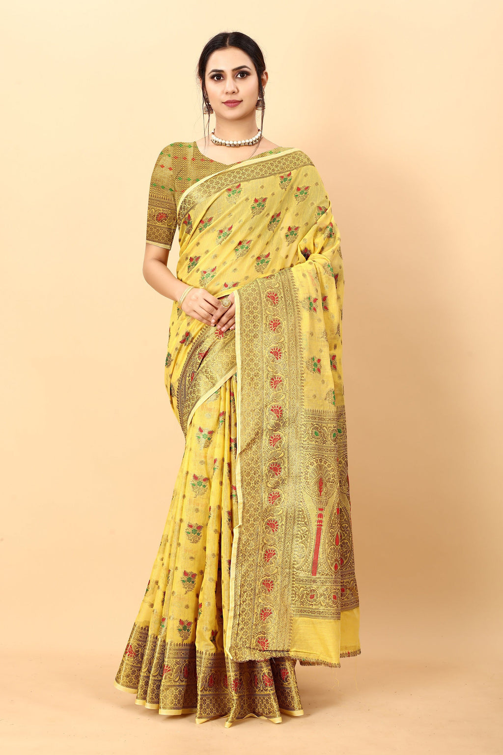 Vedant Vastram Soft Cotton Silk Kanjeevaram Saree - Yellow