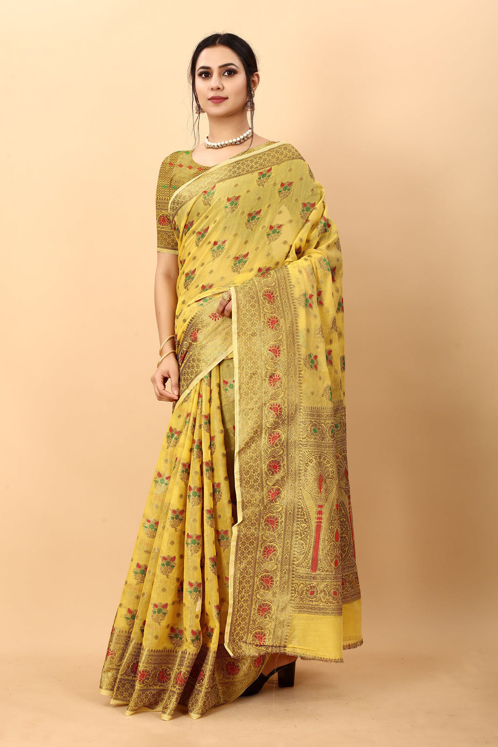 Vedant Vastram Soft Cotton Silk Kanjeevaram Saree - Yellow