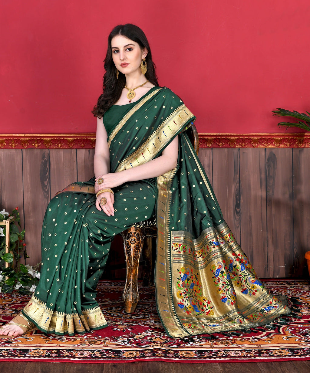 Vedant Vastram Soft Litchi Silk Paithani Silk Saree - Bottle Green